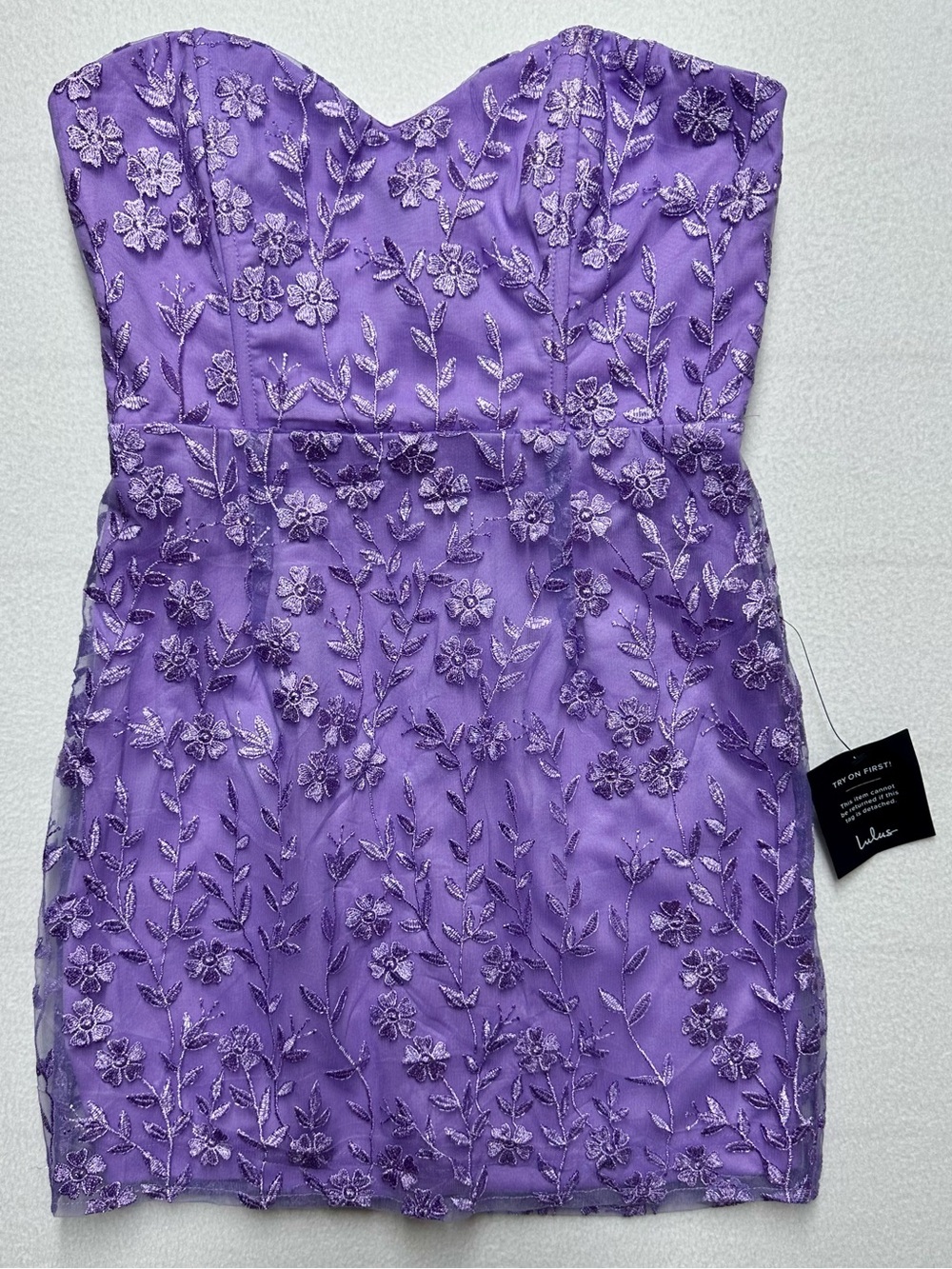 Lulus Lilac Floral Embroidered Strapless Dress Women’s M – Formal Party